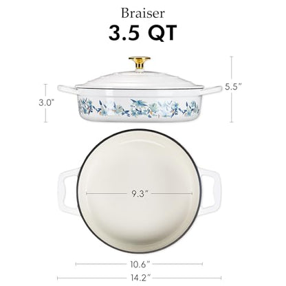 CAROTE 3.5QT Shallow Dutch Oven, Enameled Flora Cast Iron Braiser Pan Casserole Skillets with Lid, Versatile Heavy-Duty Cookware for Sourdough Bread Baking, Braising, Stews, Roasting, All Stovetop Compatible, Oven Safe up to 500° F, White & Blue