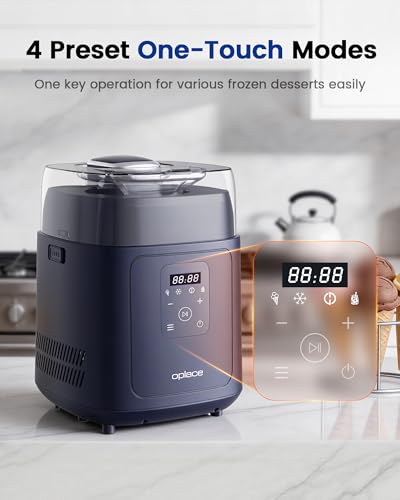 Oplace 4-in-1 Compressor Ice Cream Maker (1.0Qt), No Pre-Freezing, Automatic Yogurt Maker, Gelato Sorbet Frozen Yogurt Soft Serve Machine, Compact Vertical Design for Home Kitchen(Blue)