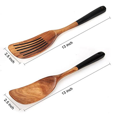 2 Pcs Best Wooden Spatula Set for Cooking Kitchen Slotted Turner Spatula Flat Wood Wok Spatula Non Stick Cooking Utensils for Frying Mixing Teak Fish Spatula Turner Black Egg Flipper Spatulas