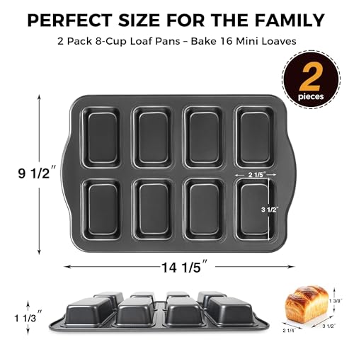 HONGBAKE 2 Pack Mini Loaf Baking Pans 8-Cavity, Nonstick Small Cornbread Pan, Tiny Banana Bread Pan Set, Heavy Duty Brownie TIn, Dark Grey