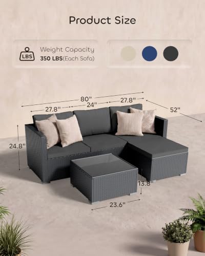 Skyfish Patio Furniture Set - Wide Armrests - All-Weather 5 Piece Outdoor Wicker Sectional Couch with Chaise Lounge,Couch Conversation Set, PE Rattan Sofa for Backyard Porch Poolside Black/Medium Gray