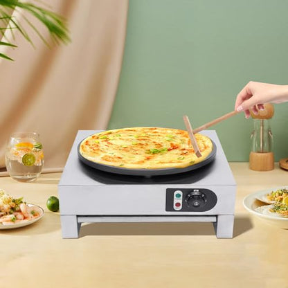 HinLIaDa 16" Commercial Electric Crepe Maker, 3000W Pancake Baking Machine Non-Stick Electric Crepe Pan Single Hotplate Adjustable Temperature 50-300℃(122-572℉) with Batter Spreader for Tortilla