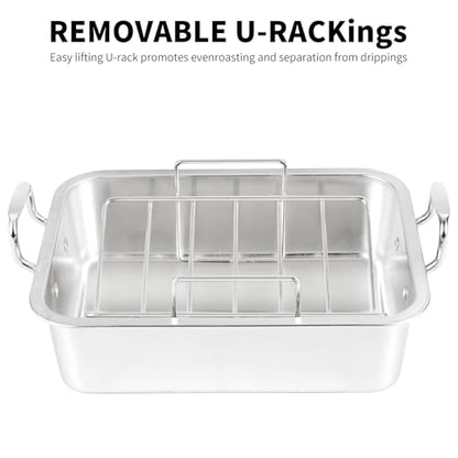 QPMR Roasting Pan with Cooling Rack - Stainless Steel Large Turkey Roaster Pan for Turkey, Chicken, Ham Roaster with V-Shaped Baking Rack Heavy Duty Dishwasher Safe