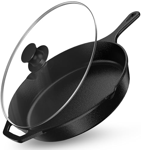 Utopia Kitchen Premium Saute Frying Pan 12 Inch, Cast Iron Chefs Pan, Pre Seasoned Cast iron Skillet With Lid, Safe Grill Cookware for Indoor & Outdoor Use, Black