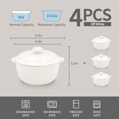 4-Pack Ceramic Mini Cocotte Set, 10 Oz Stoneware Casserole Dishes with Handles & Lids, Oven-Safe Ramekins for Soufflé, Soup, Cobbler & Baking, Individual Serving Bakeware, Off White