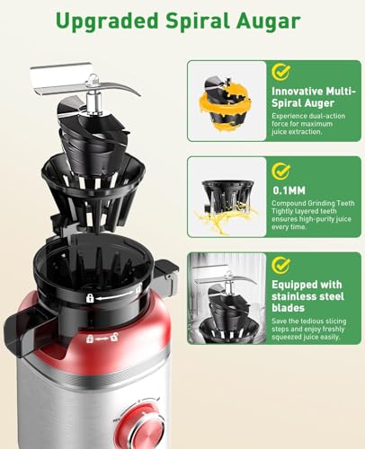Cold Press Juicer Machines with Wide Feed Chute, Slow Masticating Juicer Maker for Whole Vegetables & Fruits, High Juice Yield, Easy to Clean, Large Auger Extractor, Red
