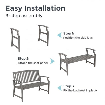 Grand patio Farmhouse Outdoor Bench, Garden Benches with Anti-Rust Aluminum, Faux Wood Grain Finish Frame Patio Bench for Front Porch, Weathered Gray