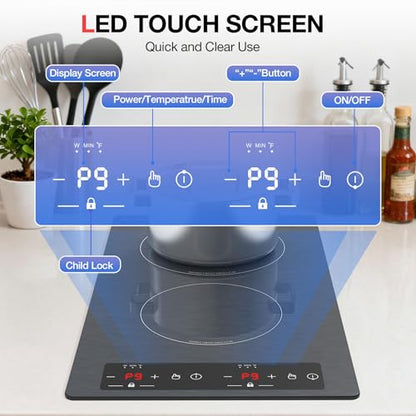 Double Induction Cooktop 110v-120v, GTKZW 2300W Electric Cooktop 20 inch Hot Plate Electric Stove Top with Plug in, Built-in and Countertop, 9 Power Levels, Timer & Safety Lock
