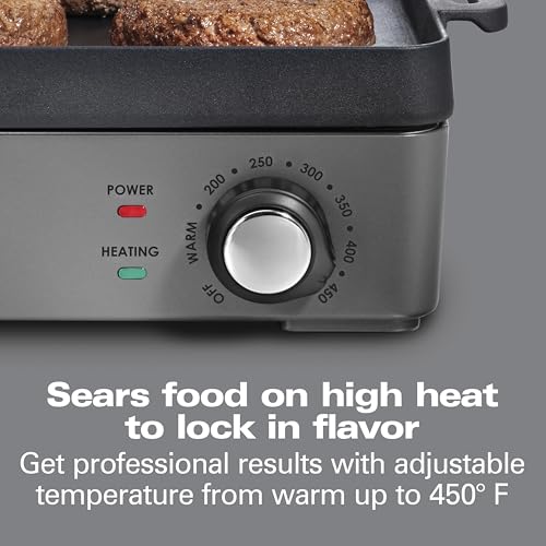 Hamilton Beach Professional Cast Iron Indoor Electric Grill & Griddle, 10" x 16" Preseasoned Cooking Surface, Adjustable Temperature up to 450° F, Black (38560)
