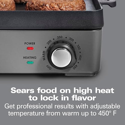 Hamilton Beach Professional Cast Iron Indoor Electric Grill & Griddle, 10" x 16" Preseasoned Cooking Surface, Adjustable Temperature up to 450° F, Black (38560)