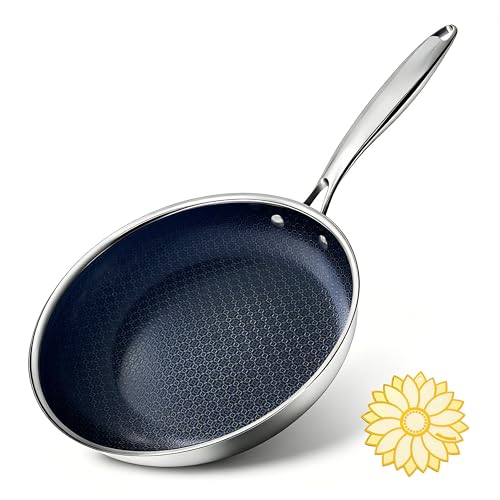 BRASA Nonstick Frying Pan 9.45-inch,Tri-Ply Stainless Steel Skillet,Honeycomb Ceramic Coating, Induction & All Cooktop Compatible,Dishwasher safe (PFOS, PFOA Free)(9.45 in+5.9 in trivet)