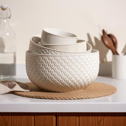 KooK Ceramic Mixing Bowls, Nesting Set of 4, Embossed Kitchen Dishware, Prep, Serving, Gift, Microwave and Dishwasher Safe, 20/44/98/145 oz, Narbonne Collection (Ivory)