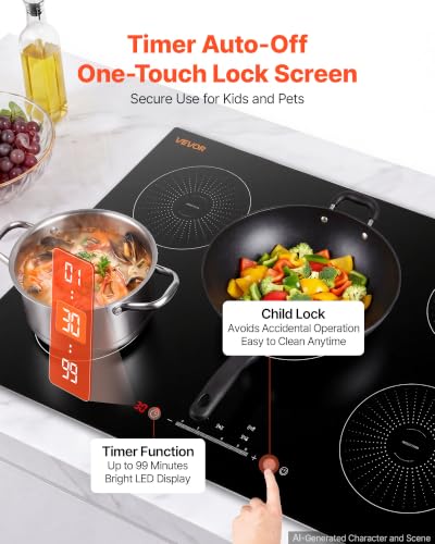 VEVOR Induction Cooktop 30In 5 Burners, Built-in Magnetic Stove, Induction Stove, Touch Control, 9 Power Levels, Ceramic Glass, Child Lock, 9200W, 220V