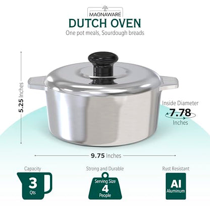 Magnaware Cast Aluminum Dutch Oven with Lid - 3 Quart Lightweight Cookware Pot with Silicone Covers for Easy Handling - Even Heat Distribution & Retention - For Bread Baking, Stew, Simmering & More