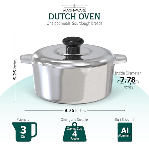 Magnaware Cast Aluminum Dutch Oven with Lid - 3 Quart Lightweight Cookware Pot with Silicone Covers for Easy Handling - Even Heat Distribution & Retention - For Bread Baking, Stew, Simmering & More