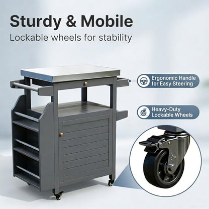 Girarvs Outdoor Grill Cart with 304 Stainless Steel Tabletop and Storage Cabinets, Movable Kitchen Island with 360 Lockable Wheels for BBQ Food Prep, Solid Wood Outdoor Kitchen Station(Dark Gray)