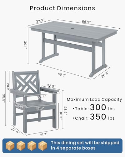 BIVODA 7-Piece Outdoor Dining Set, HDPE All-Weather Patio Table and Chairs Set for 6, Outdoor Patio Furniture Sets with Umbrella Hole for Outside, Deck, Backyard, Garden (Grey)