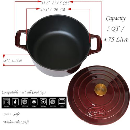 La Cuisine Enameled Cast Iron Dutch Oven Casserole Dish Pot with Lid, 5 QT 10.3“ /26cm Dia. Internal Matt Black Enamel Coating Gold-Plated SS Lid Handle Oven Safe up to 500° F, Cranberry