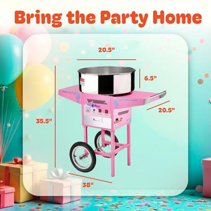 Cotton Candy Machine with Cart Vortex Candy Maker with Stainless-Steel Pan, 2 Side Trays, and 13-inch Wheels by Great Northern Popcorn (Pink)