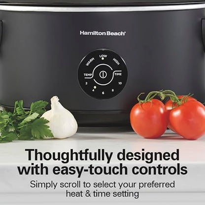 Hamilton Beach 7 Quart Stay or Go Portable Programmable Slow Cooker, 15 Cooking Options, Large Dishwasher Safe Stoneware Crock, Clip-Tight Glass Lid For Easy Travel, Black (33771)