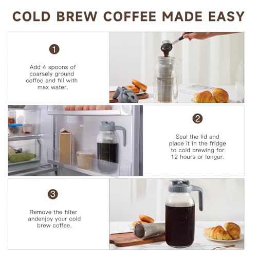Xylanor Cold Brew Coffee Maker Pitcher, 64 OZ Heavy Duty Glass Wide Mouth Mason Jar Pour Spout Airtight Lid with Stainless Steel Infuser Filter for Iced Coffee, Ice Tea, Brewed Making