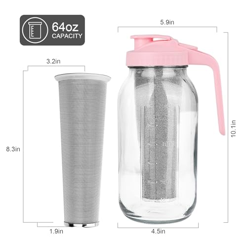 QHH Cold Brew Coffee Maker, 64 oz Mason Jar Pitcher with Stainless Steel Filter, Pour Spout Handle Lid, Heavy Duty Glass Airtight & Leak-Proof for Iced Coffee,Tea & Lemonade