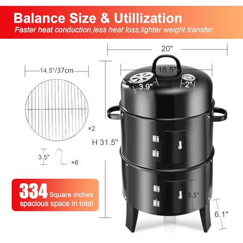 RYHOFOUD Vertical 19Inch Round Charcoal Smoker Grill,Heavy-Duty BBQ Smoker for Outdoor Smoking Multi-Layer Pellet Ideal for Meats-Offset Charcoal Grill with Hook,Thermometer,Black