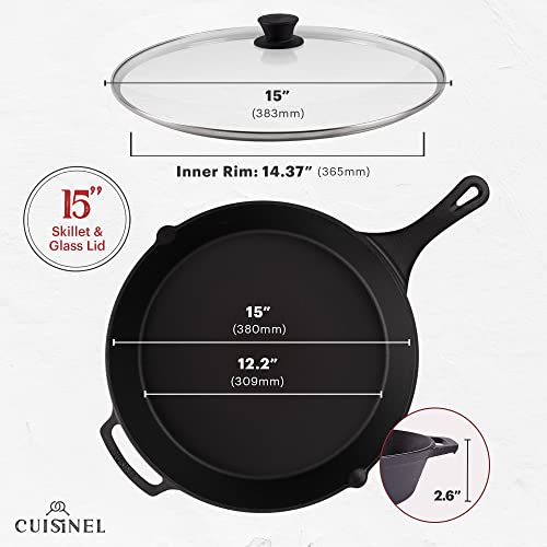 Cuisinel 15" Cast Iron Skillet + Glass Lid Cover + Pan Scraper + Heat-Resistant Silicone Handle Grip - Pre-seasoned Oven-Safe Kitchen Cookware - Indoor/Outdoor - Camping, Grilling, BBQ, Oven Safe