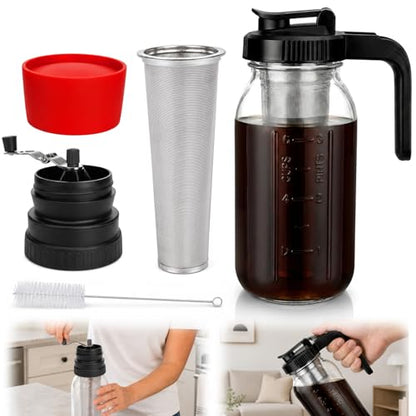 Palksky Cold Brew Coffee Maker, 64 Oz Mason Jar Glass Pitcher with Coffee Grinder Lids, Stainless Steel Filter, Pour Spout Handle, Homemade Iced Coffee Sun Tea Making Set for Home Daily Use