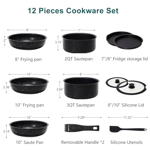 NEWBULIG 12-Piece Nonstick Kitchen Cookware Set, Pots and Pans with Detachable Handle, Induction Compatible, Dishwasher & Oven Safe, Space-Saving, Black