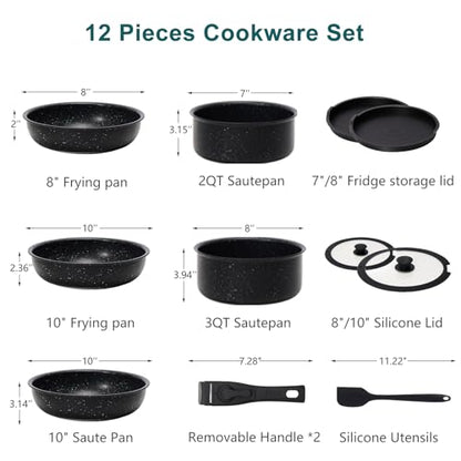 NEWBULIG 12-Piece Nonstick Kitchen Cookware Set, Pots and Pans with Detachable Handle, Induction Compatible, Dishwasher & Oven Safe, Space-Saving, Black