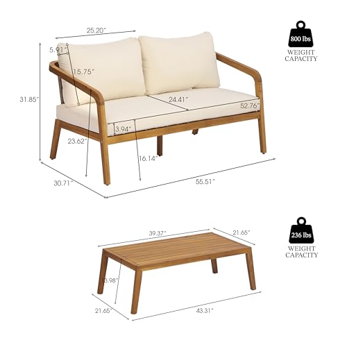 2-Piece Outdoor Loveseat & Coffee Table Set, Acacia Wood Patio Furniture with PE Wicker Backrest, High-Resilience Cushions, 800 lbs Capacity, for Patio Backyard Sunroom Poolside