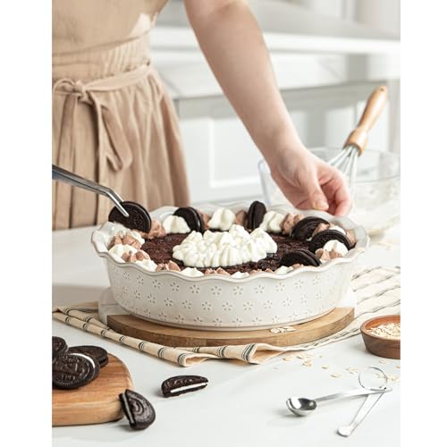 MIKIGEY Deep Pie Dish for Baking, Ceramic Pie Pan for Apple Pie, Tart, Quiche Baking Dish, Farmhouse Decor Pie Plate, Deep Dish Pie Pan, Oven Safe, Off-White