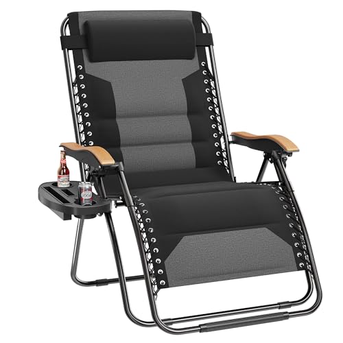 PHI VILLA XXL Oversized Padded Zero Gravity Chair, Foldable Patio Recliner, 30" Wide Seat Anti Gravity Lounger with Cup Holder, Support 400 LBS (Black)