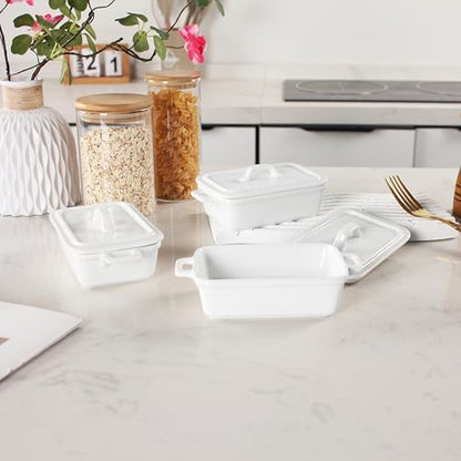 jinsongdafa Ceramic Mini Rectangular Cocotte Set, 2.37 Ounces Small Casserole Dishes with Lids and Handles Set of 4, Individual Baking Ramekins, Oven, Microwave & Dishwasher Safe (White, 6.1 Inch)