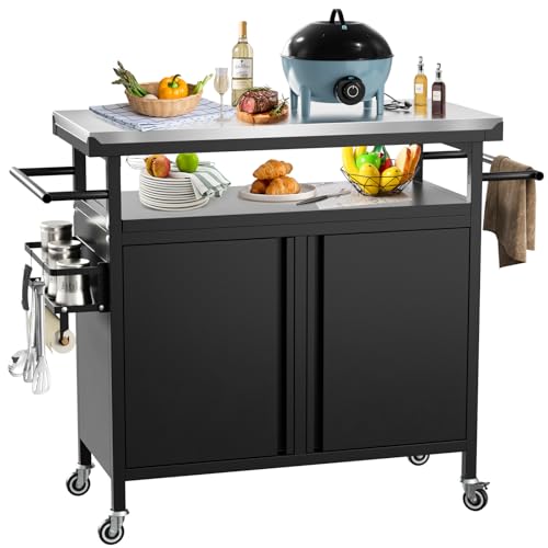 Nessxa Outdoor Grill Cart Bar Cart with Storage Cabinet for Grilling Accessories, XL Portable Outdoor Grill Table with Stainless Steel Top for Kitchen Prep, Lawn & Garden（Black）