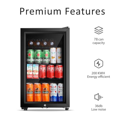 Saeoola 2.3 Cu.ft Beverage Refrigerator, 78 Can Mini Fridge with Glass Door