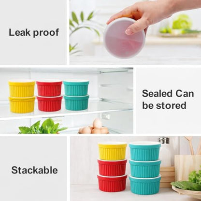Ramekins set Mother’s Day Gift Set Creme Brulee Making Kit - COLORED 6 Porcelain Ramekins 6 Oz With Silicone Lids - 304 Stainless Steel Lifting Rack And 9.5" X 14" Baking Pan - Oven Safe