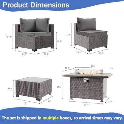 RTDTD 15 Pieces Outdoor Patio Furniture Set,Outdoor Sectional Furniture with 43" 55000 BTU Gas Propane Fire Pit Table,All Weather PE Rattan Wicker Patio Conversation Set,Grey