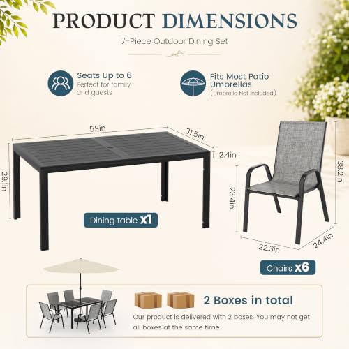 PATIOPIA 7PCS Patio Dining Set, Steel Table & 6 Textilene Chairs, Charcoal