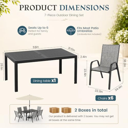 PATIOPIA 7PCS Patio Dining Set, Steel Table & 6 Textilene Chairs, Charcoal