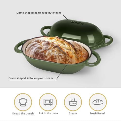 UFEH Dutch Oven for Bread Baking – Premium Cast Iron Pot with Lid – Perfect for Sourdough, Artisan Loaves & No-Knead Bread – 2 QT / 1.9L (Enameled, Round, Oven & Stovetop Safe), Green