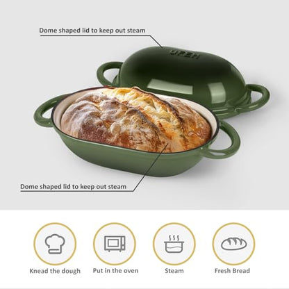 UFEH Dutch Oven for Bread Baking – Premium Cast Iron Pot with Lid – Perfect for Sourdough, Artisan Loaves & No-Knead Bread – 2 QT / 1.9L (Enameled, Round, Oven & Stovetop Safe), Green
