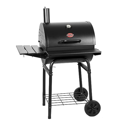 Char-Griller® Wrangler® Charcoal Grill in Black with Metal Shelves, EasyDump™ Ash Pan, Premium Wood Front and Side Shelves with Utensil Hooks, 640 Cooking Square Inches in Black, Model 2823