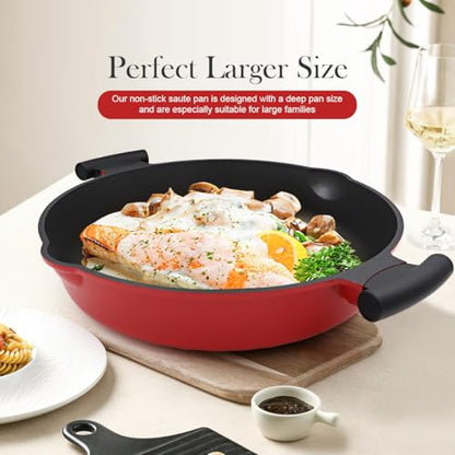 Bobikuke 14-Inch Large Deep Frying Pan Skillet with Lid, 5-Quart Non stick Saute Pan, 2-In-1 Nonstick Sauté Pan Everyday Pan with Lid, Compatible with All Stoves, PTFE & PFAS-Free