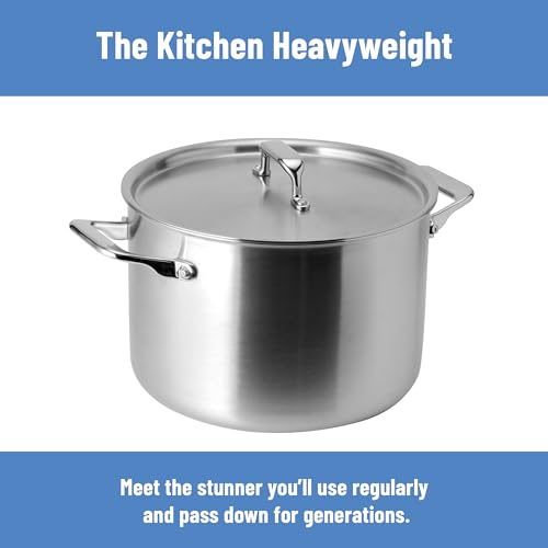 Misen 5-Ply Stainless Steel Stockpot – Large Cooking Pot for Boiling, Simmering & Stewing - Consistent, Even Heating - Durable, Dishwasher Safe – Oven-Safe to 800F, Induction Ready - 8 QT