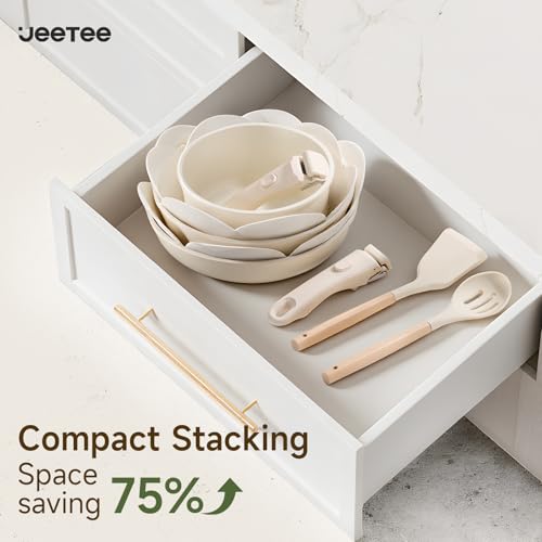 JEETEE Pots and Pans Set Non Stick 19pcs, Kitchen Cookware Sets with Detachable Handle, Induction Nonstick Cookware Set with Removable Handle, Stackable RV Cookware, Oven Safe, PFAS/PFOA Free, Beige
