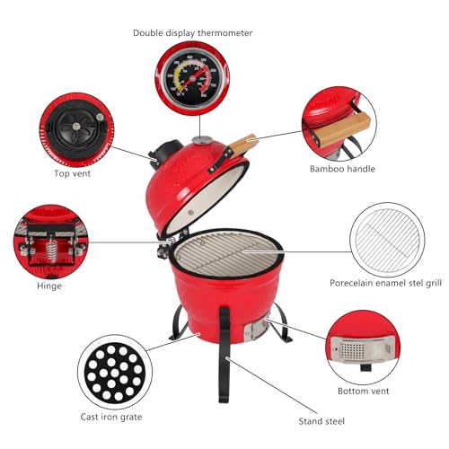 VINGLI 13" Kamado Grill Charcoal Grills Portable Barbecue Grill BBQ Kettle Stand Lid Perfect for Outdoor Camping Patio Backyard Picnic