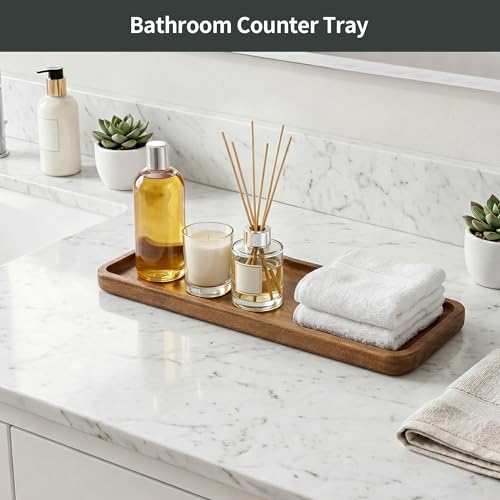 WILLKOMMEN Small Wood Tray – Solid Acacia Serving Platter Vanity Tray, Mini Wooden Decorative Tray for Bathroom Counter, Toilet, Coffee Table, Kitchen, Jewelry & Perfume (Rectangle)