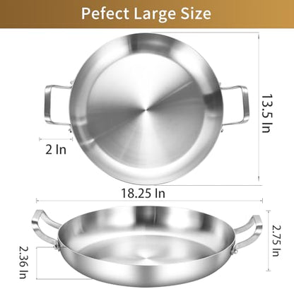 Inqibee 13-Inch Tri-Ply Stainless Steel Paella Pan,Large Skillet,Griddle Pan,Large Frying Pan,Jumbo Cooker,Induction Cookware,Dishwasher and Oven Safe.